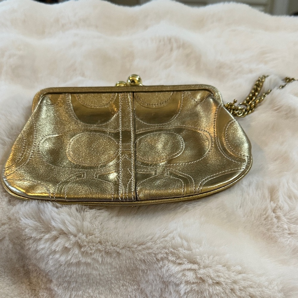 Coach Metallic Gold Signature Kiss-Lock Clutch Wristlet